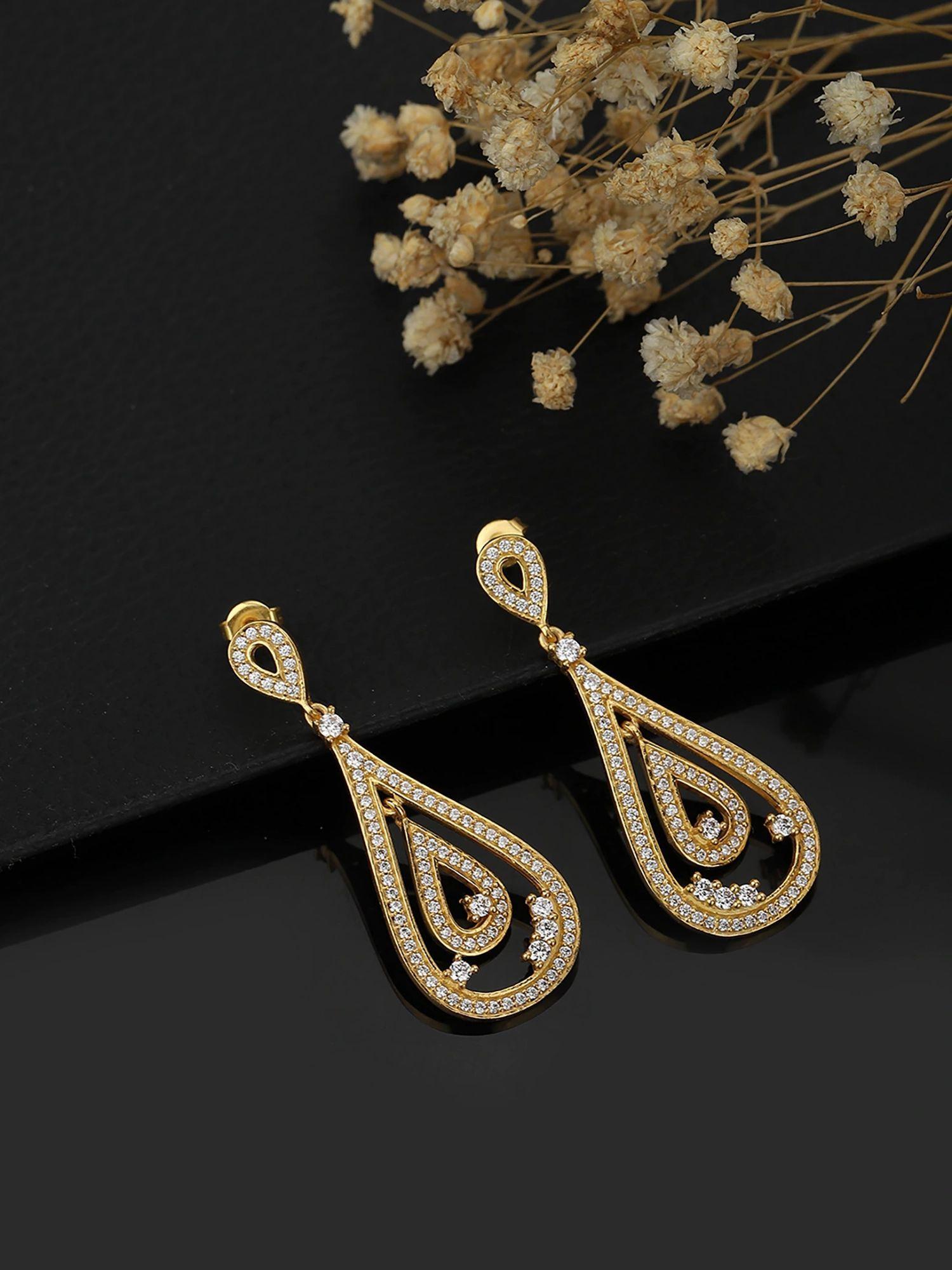 gold-plated cz studded teardrop shaped drop earrings