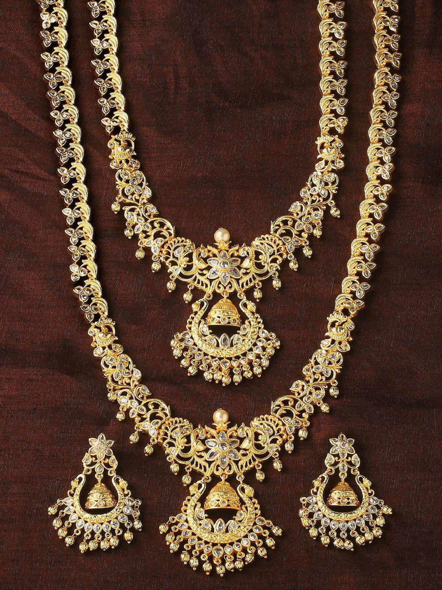 gold plated cz swarnim designer bridal necklace set combo with pearl for women