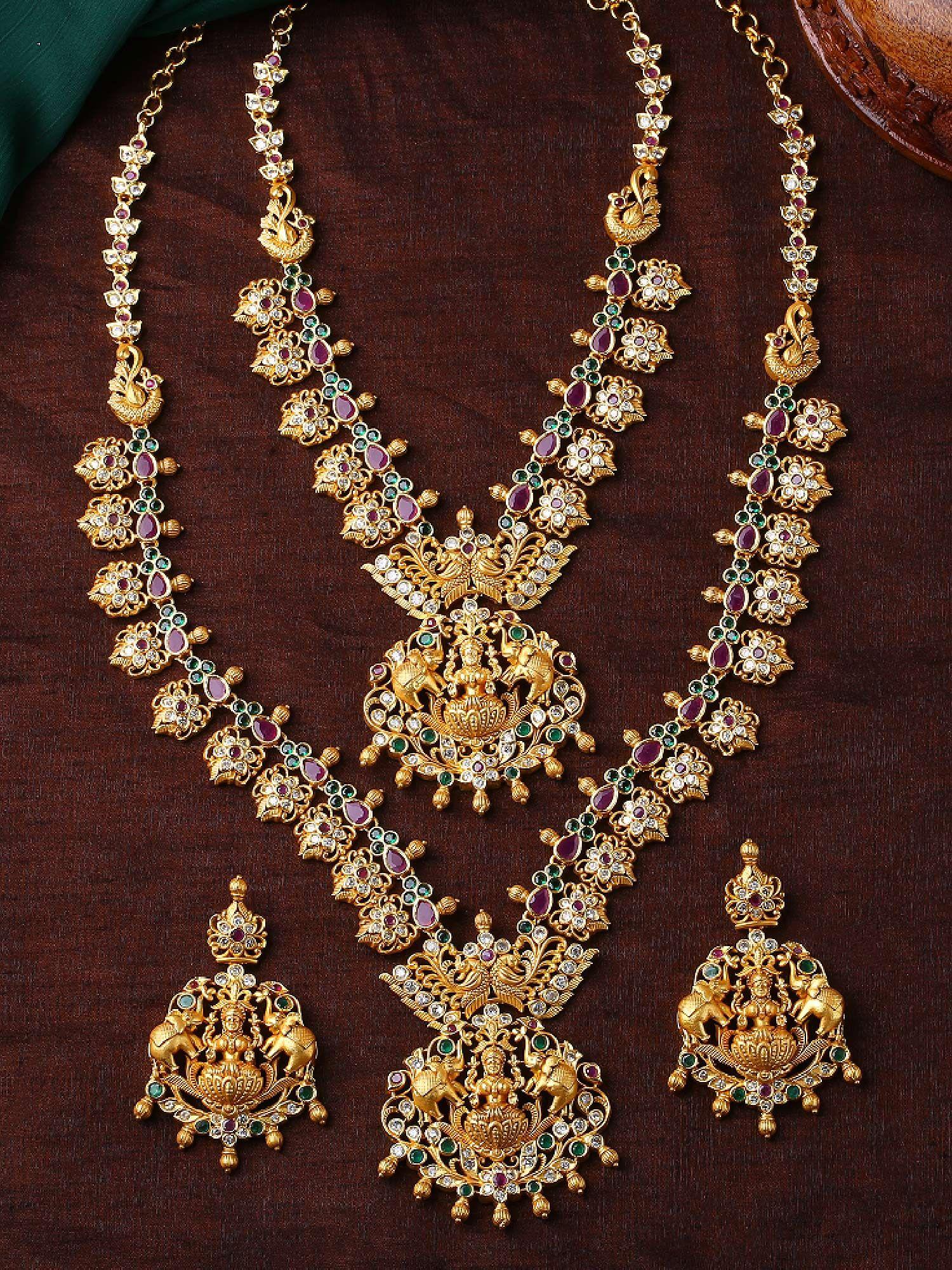 gold plated cz traditional laxmi ji decorated bridal necklace set for women