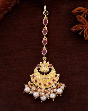 gold-plated divine laxmi ji design maang tikka with pearl