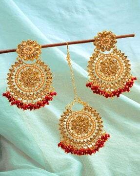 gold-plated drop earrings with maang tika set