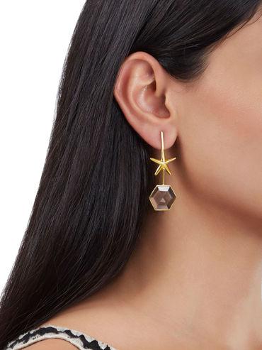 gold plated ester earrings with smokey glass stone length 5.5cm