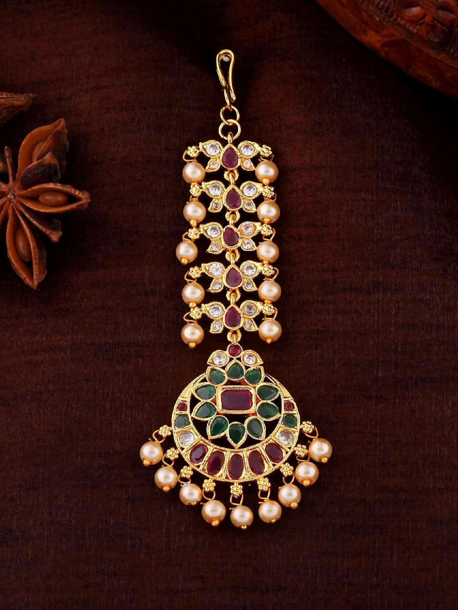 gold plated fascinating flower designer maang tikka with pearls for women