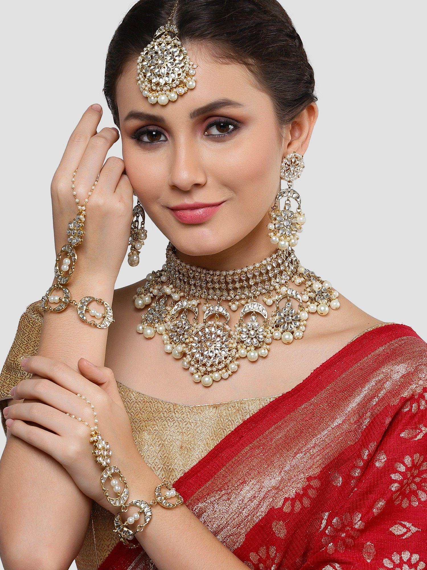 gold plated floral pearl and kundan bridal choker necklace set for women