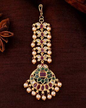 gold-plated flower design maang tikka with pearls