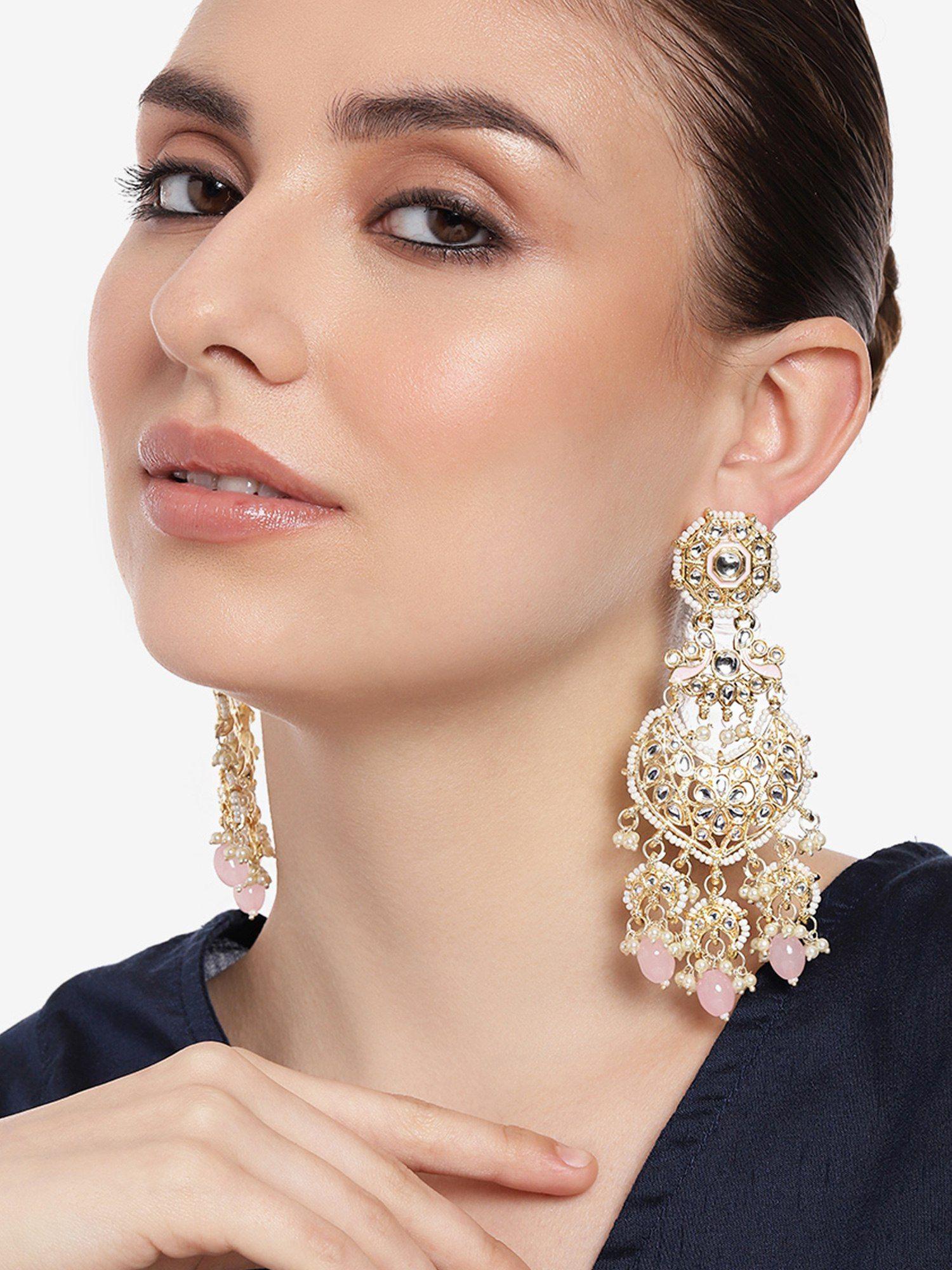 gold plated gorgeous gehena drop earrings with mint pink beads for women