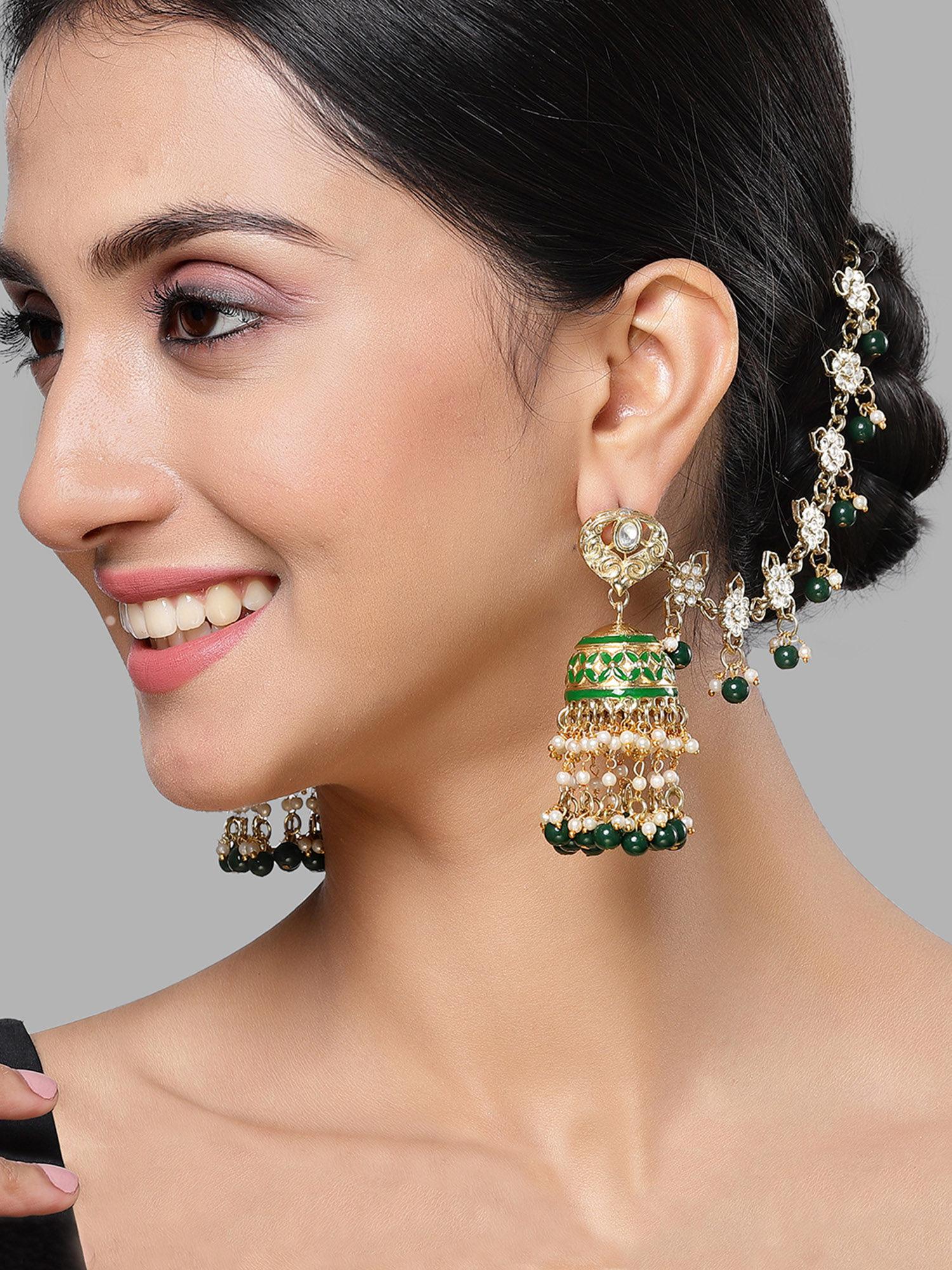 gold plated green meena and beads kundan kaanchain jhumki earrings for women