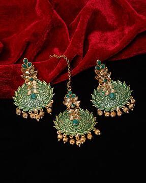 gold-plated handpainted mangtika with earrings