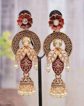 gold-plated jhumkas with pearl drops