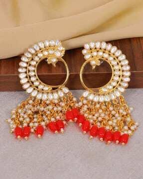 gold-plated kundan & pearl enamel dangler earrings