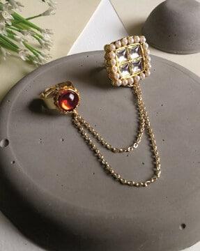 gold-plated kundan & pearls-studded dual finger ring