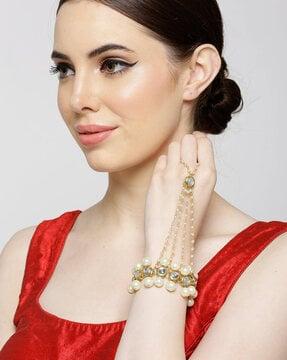 gold-plated kundan pearl chain hathphool for women