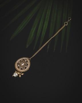 gold plated kundan pearl embellished maang tikaa - fjmt4082