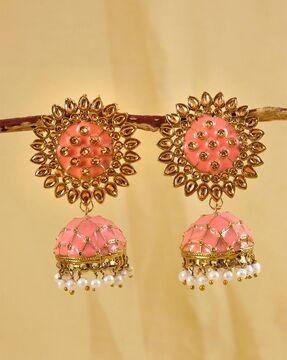 gold-plated kundan-studded jhumka earrings