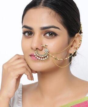 gold-plated kundan-studded layered nose ring