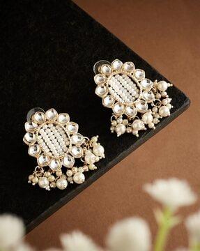 gold-plated kundan-studded pearl drop earrings
