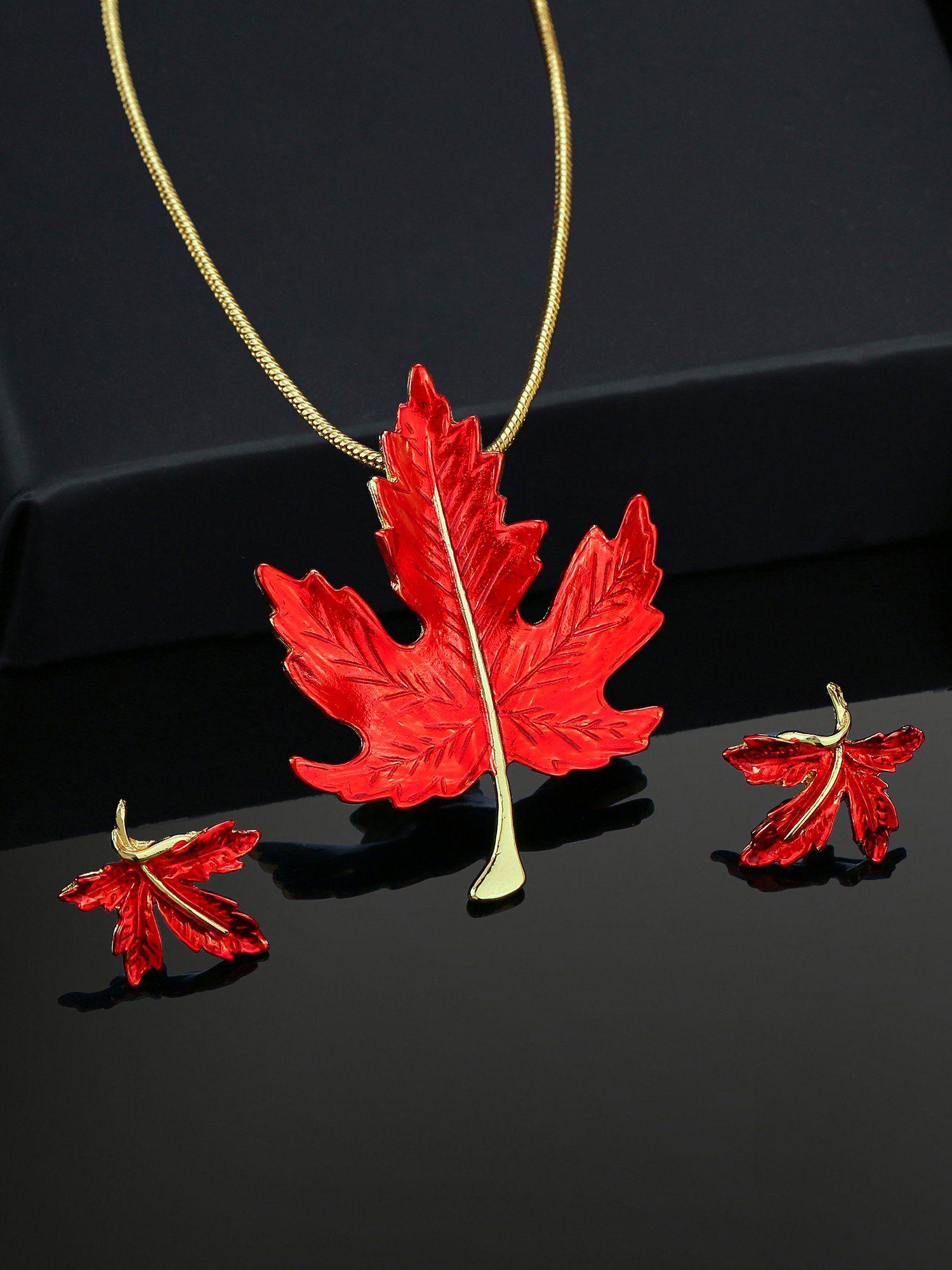 gold plated leaf designer pendant set with red enamel for women