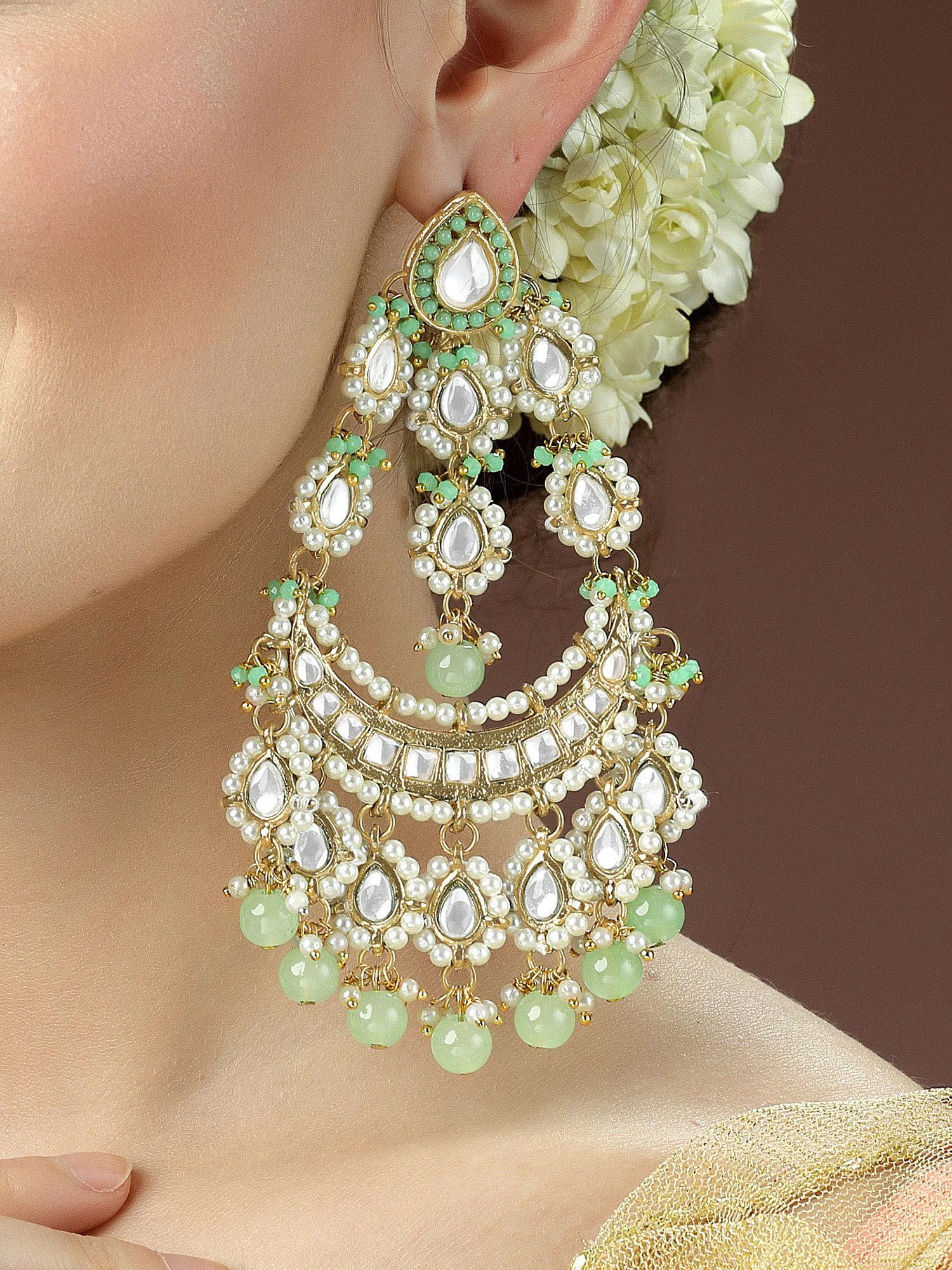 gold plated long kundan light green beads dangler earrings for women