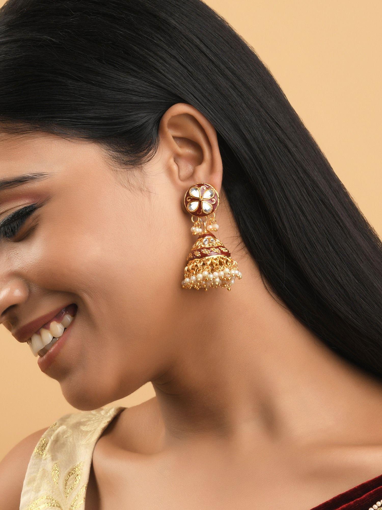 gold plated maroon enamel and kundan jhumka earrings for women