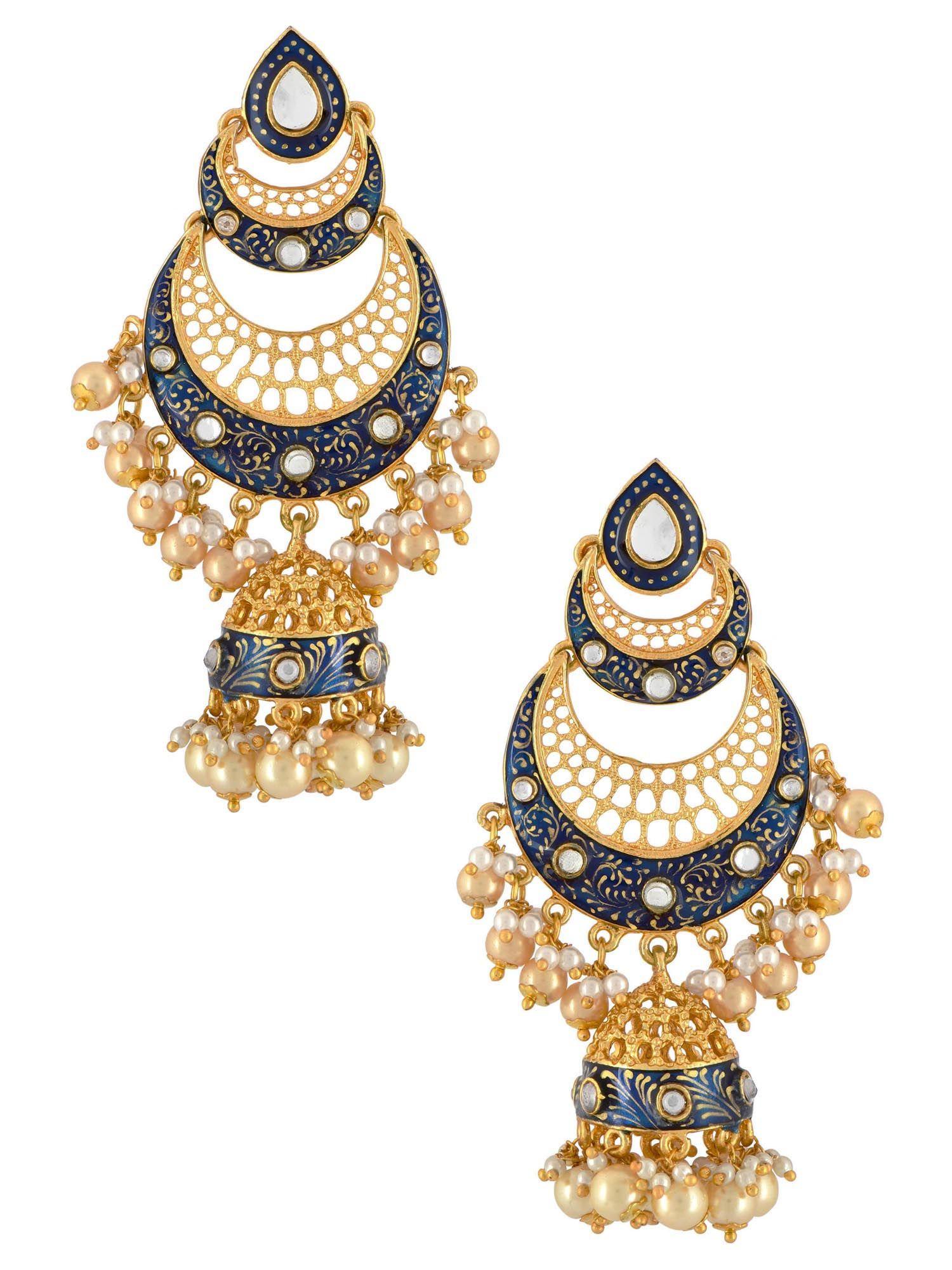 gold plated navy blue double crescent moon jhumka