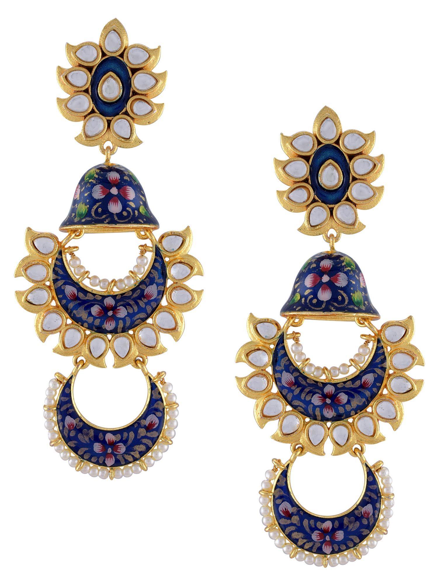 gold plated navy blue floral enamelled glass jhumki