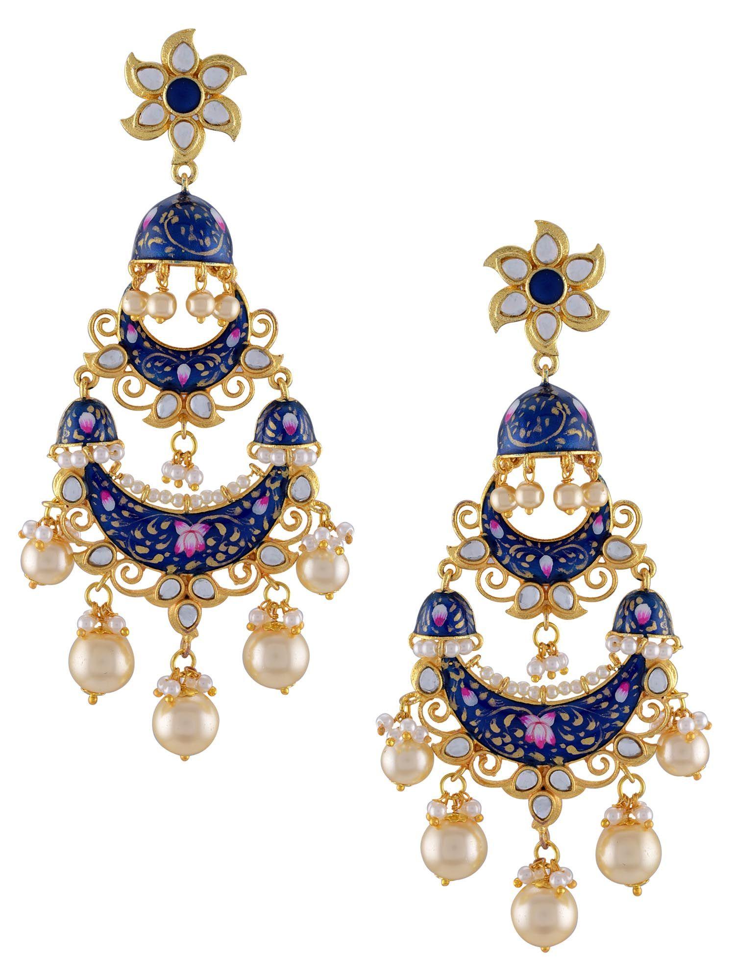 gold plated navy blue floral jhumki lotus pearl earrings