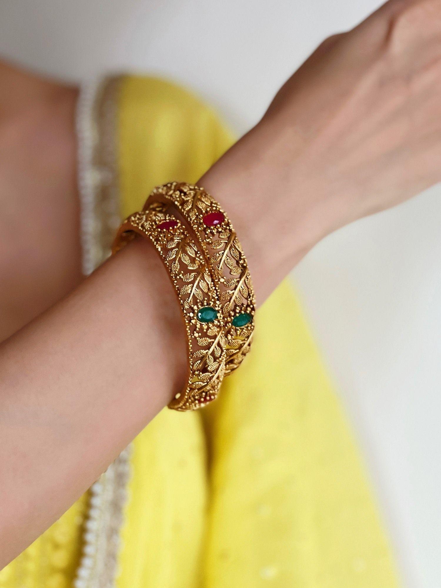 gold plated patterned bangles with colored stones (set of 2)