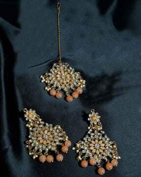 gold plated peach beads kundan dangler earrings with mangtikka for women