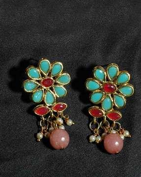 gold plated peach beads mint blue kundan dangler earrings for women