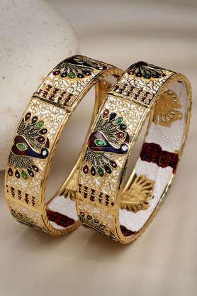 gold-plated peacock design meenakari handcrafted bangles set of 2 - gold