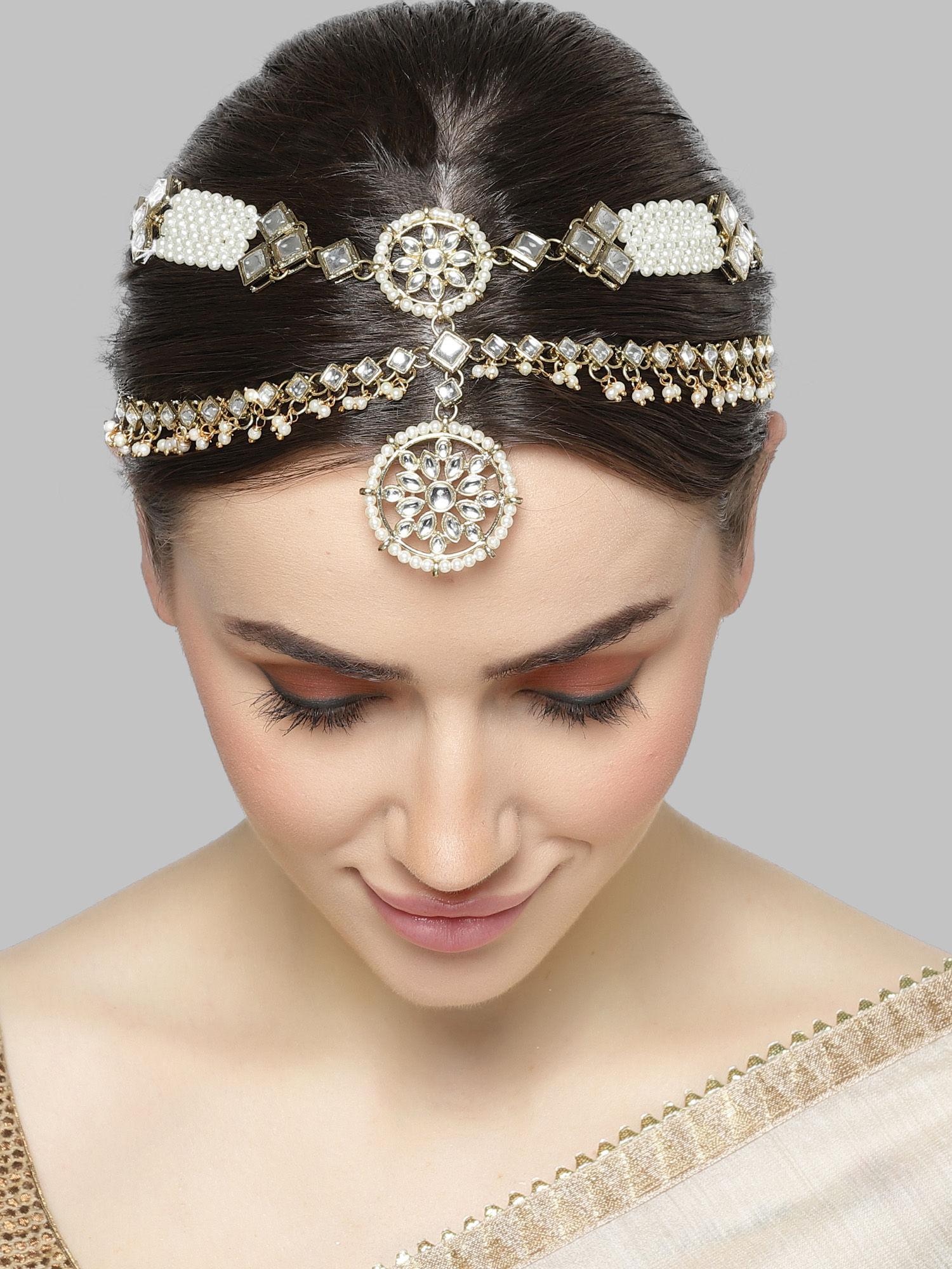 gold plated pearl and kundan double line mathapatti for women