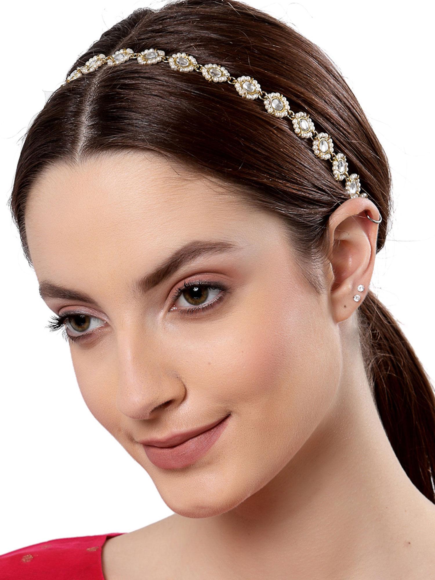 gold-plated pearl and kundan studded beaded hairband for women