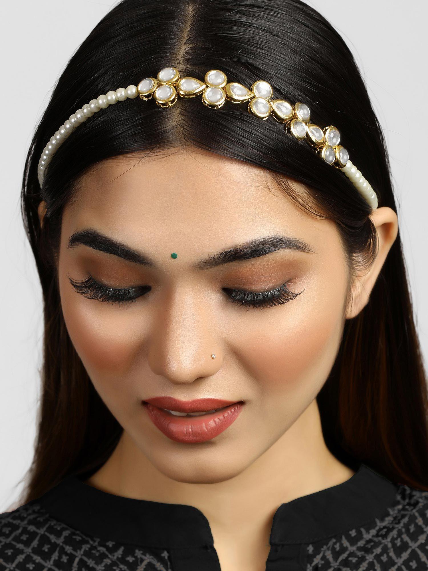 gold plated pearl and kundan studded hairband