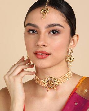 gold-plated pearl beaded necklace & earrings set with maangtika