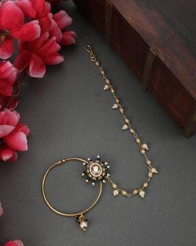 gold-plated pearl-beaded nose ring with chain