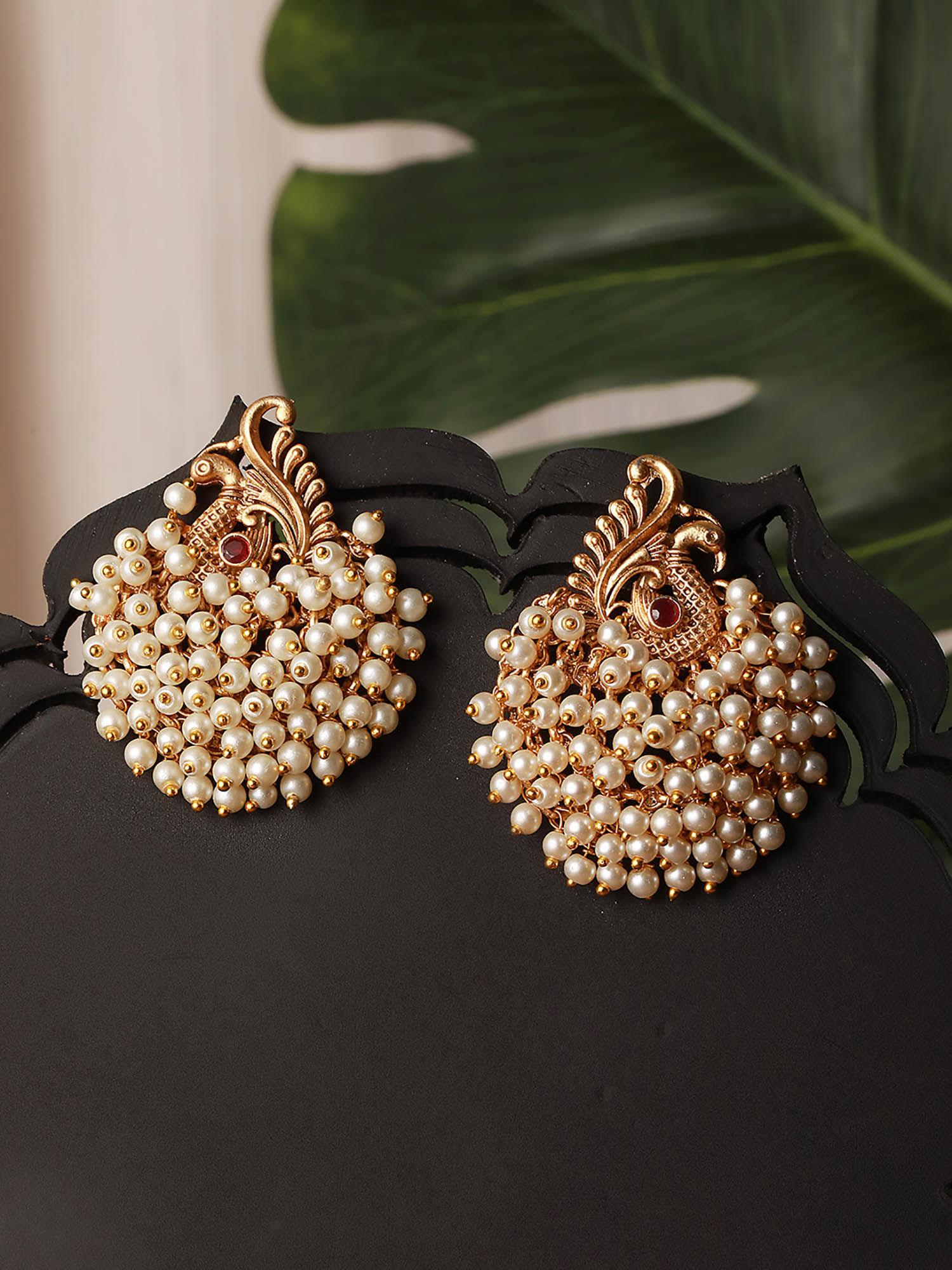 gold plated pearl beaded peacock temple studs earring