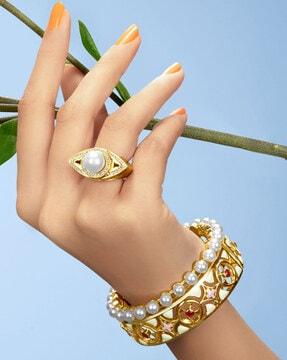gold-plated pearl stone-studded ring & bangle set