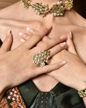 gold-plated pearl stone-studded ring