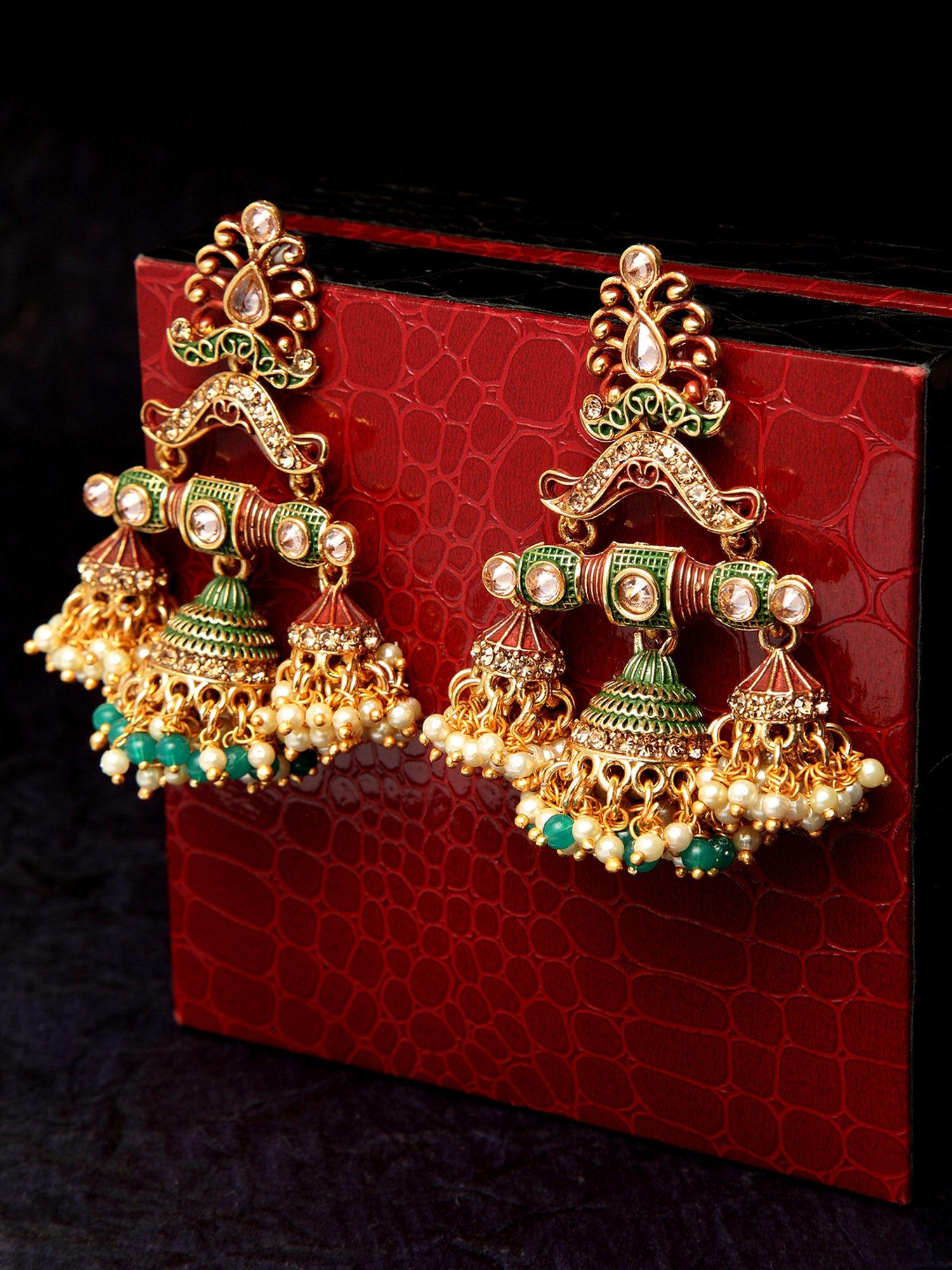 gold-plated pearls stoned-studded enamelled dome shaped jhumkas