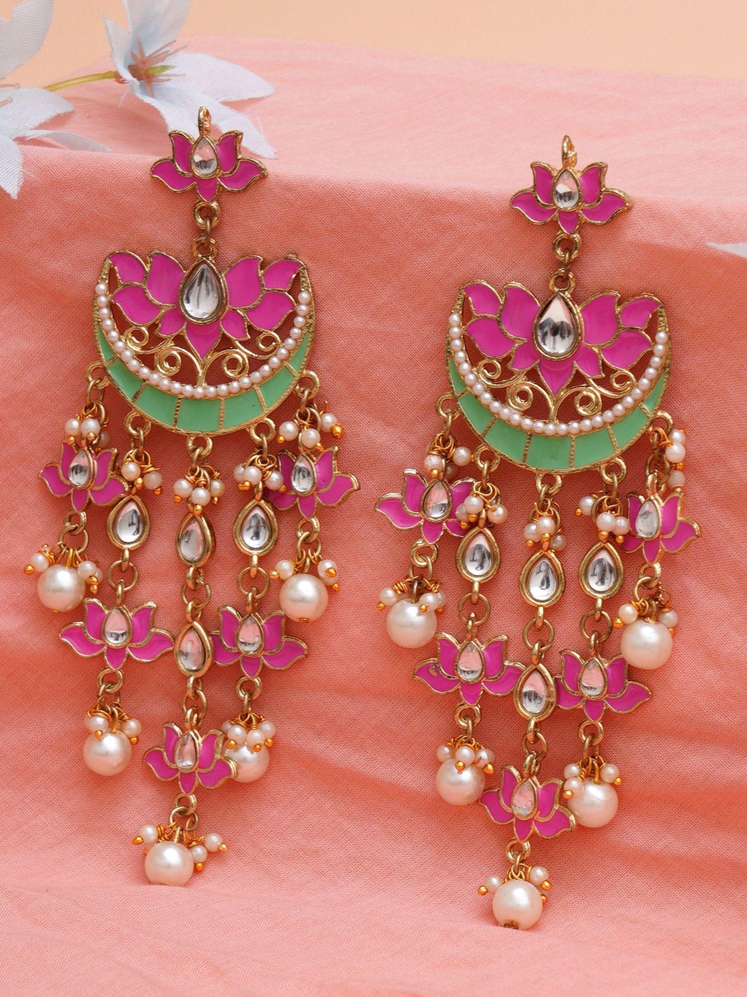 gold plated pink meena lotus design kundan dangler earrings for women