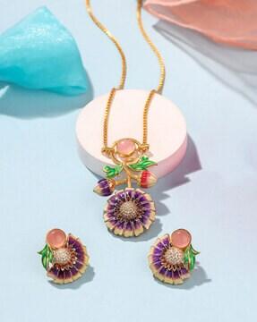 gold-plated radiant blossom enamel pendant & earrings set