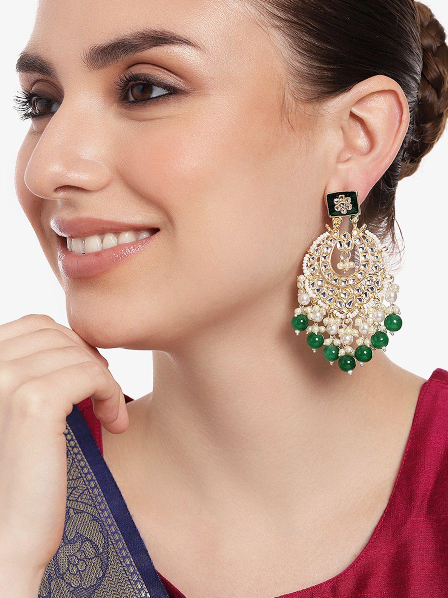 gold plated ravishing designer gehena drop earrings with green beads for girls/women