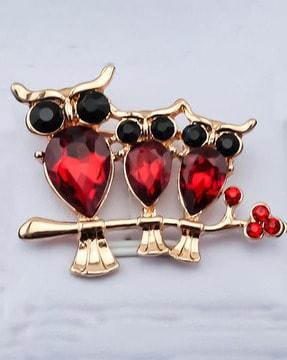 gold-plated red crystal triple owl brooch