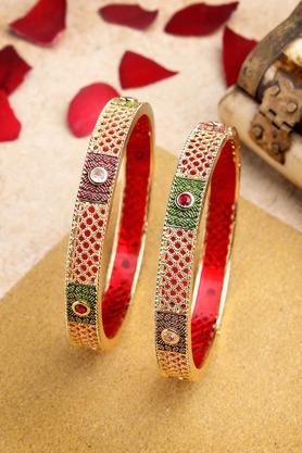 gold-plated red kundan traditional bangles set of 2 - gold