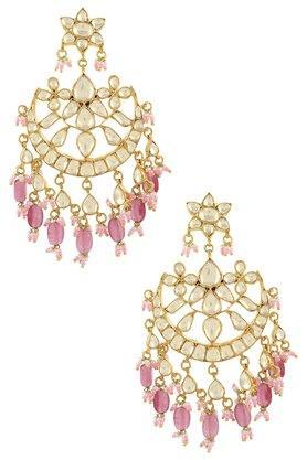 gold plated silver apsara flower pink white glass chaandbali earrings