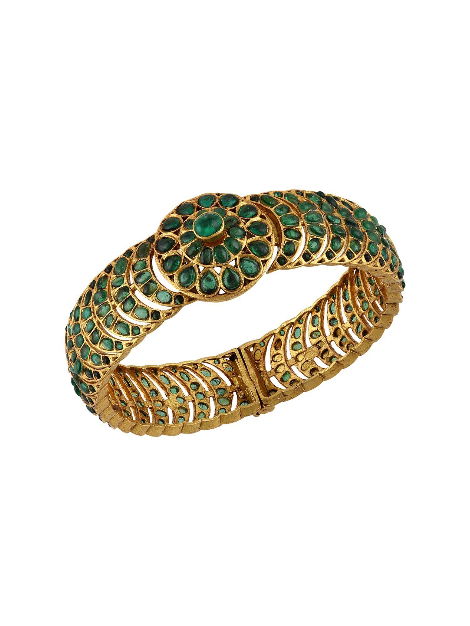 gold plated silver moon green glass flower kada