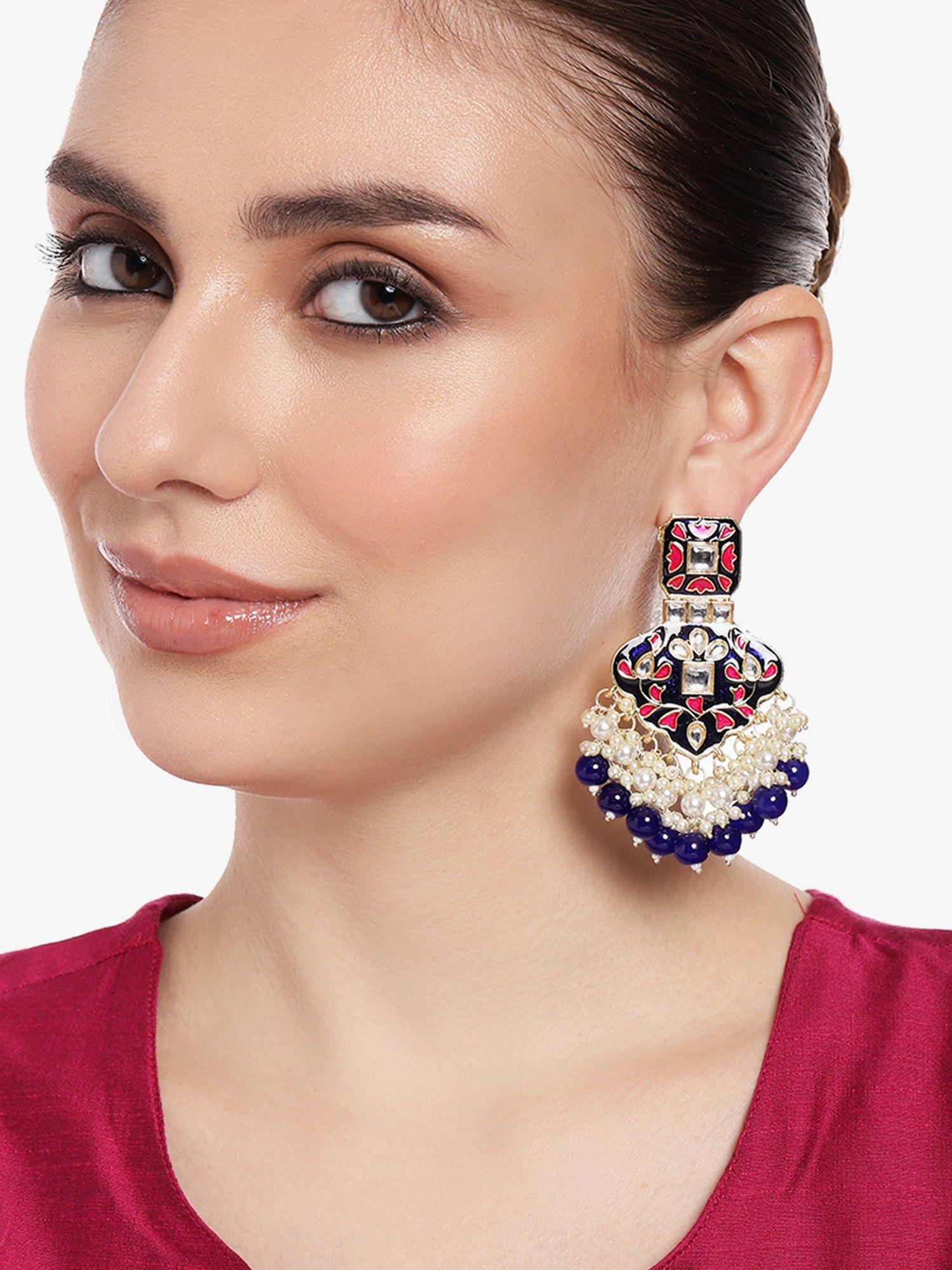 gold plated splendid designer gehena drop earrings with blue enamel & beads for women