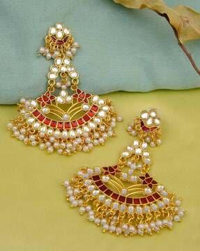 gold-plated stone-studded enamel dangler earrings