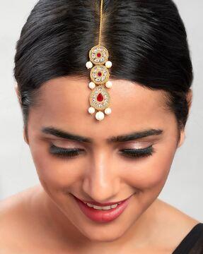 gold-plated stone-studded enamel maang tikka