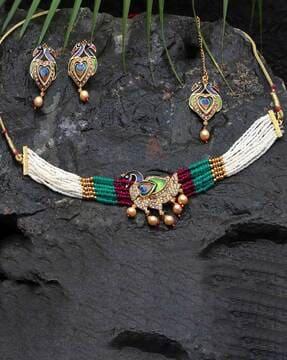 gold-plated stone-studded necklace & earrings set